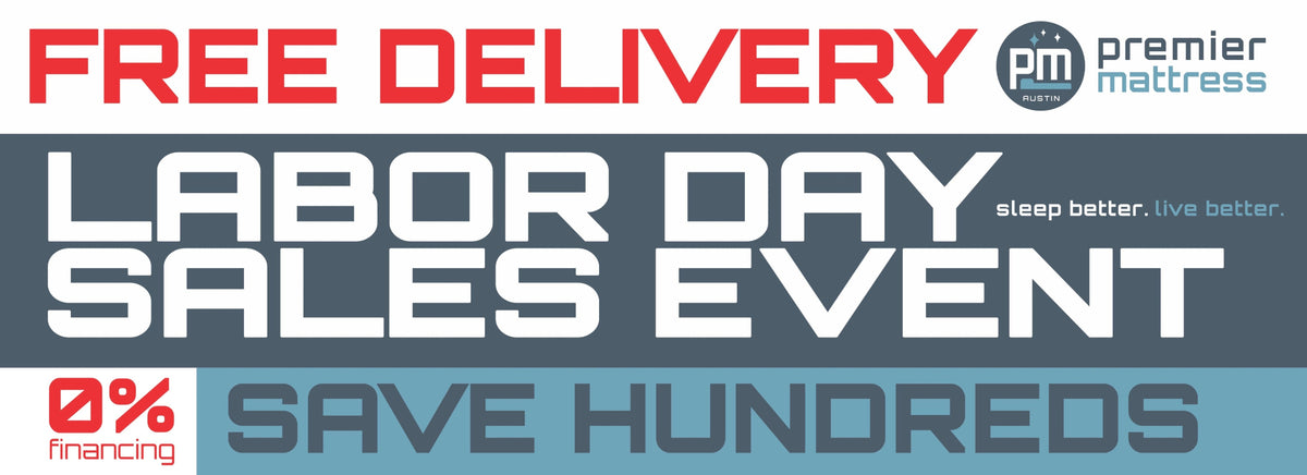 Promotional banner for Labor Day sales event with free delivery and financing offer on Premier Mattress.